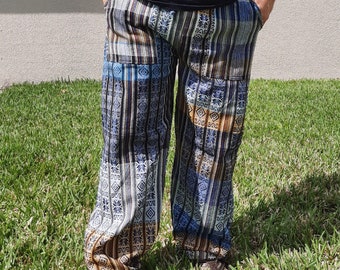 Mothers Day Gift Pants Size L | Hippie Pants |  Men Pants with Pockets | Comfy Pants | Yellow Blue | Lounge Wear | Father's Day Gift