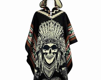 Skull with Crown Feathers Mens Alpaca Wool Poncho Hoodie, Warm Hooded Cape, Hippie Poncho Women, Colorful - Dark