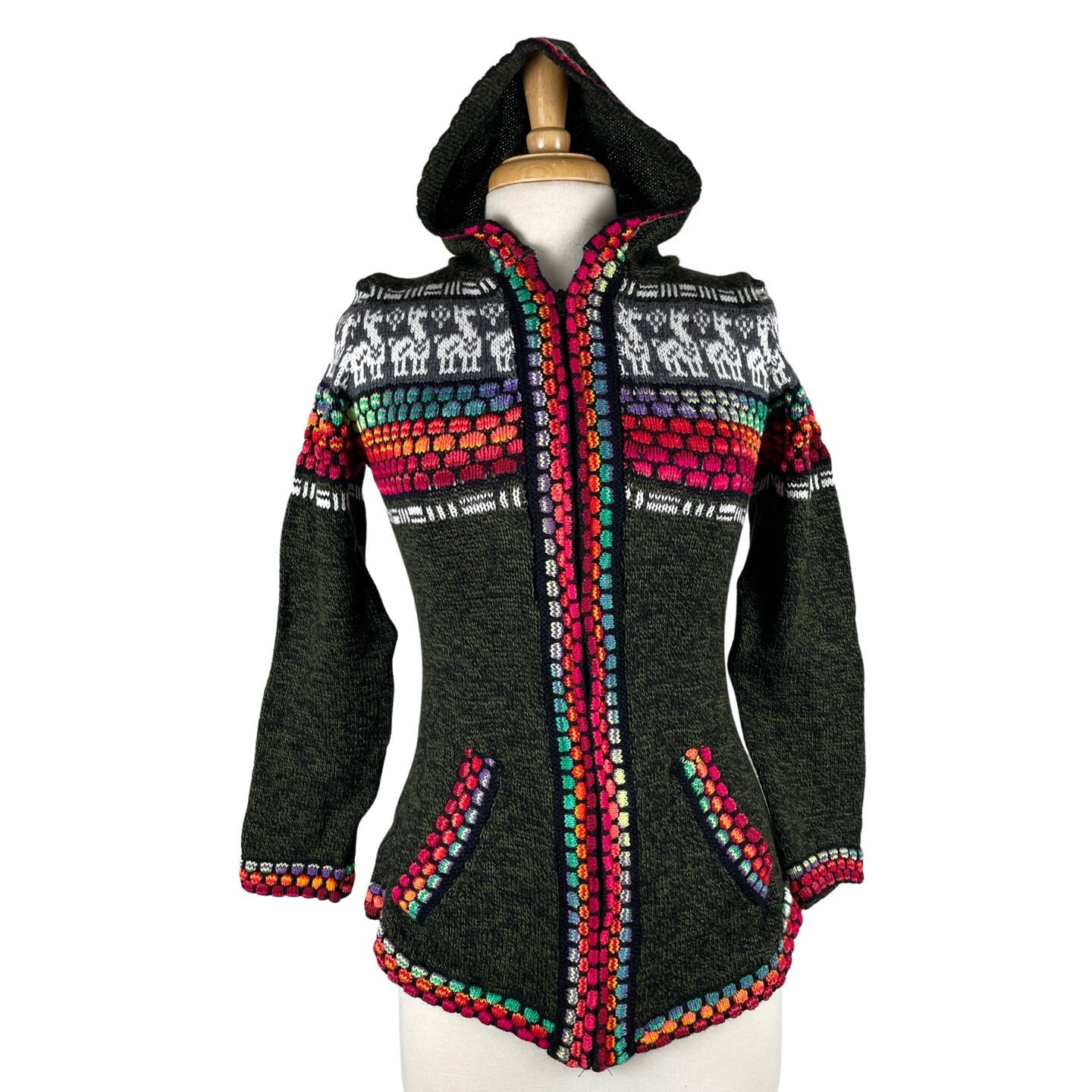 Olive Colorful Soft Hooded Alpaca Sweater With Zipper for