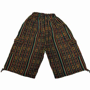 May include: Black, green, yellow, and red patterned pants with side pockets and a drawstring waist.