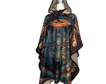 Psychedelic Wolf Hooded Poncho Warm Fleece Lined Zip Up Unisex Cotton Blend