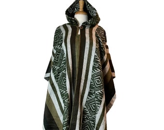 Alpaca Poncho | Poncho Women | Wool Poncho | Hooded Cape | Warm Poncho | Hippie Poncho | Mens Poncho Hoodie | Green White | Christmas Gift