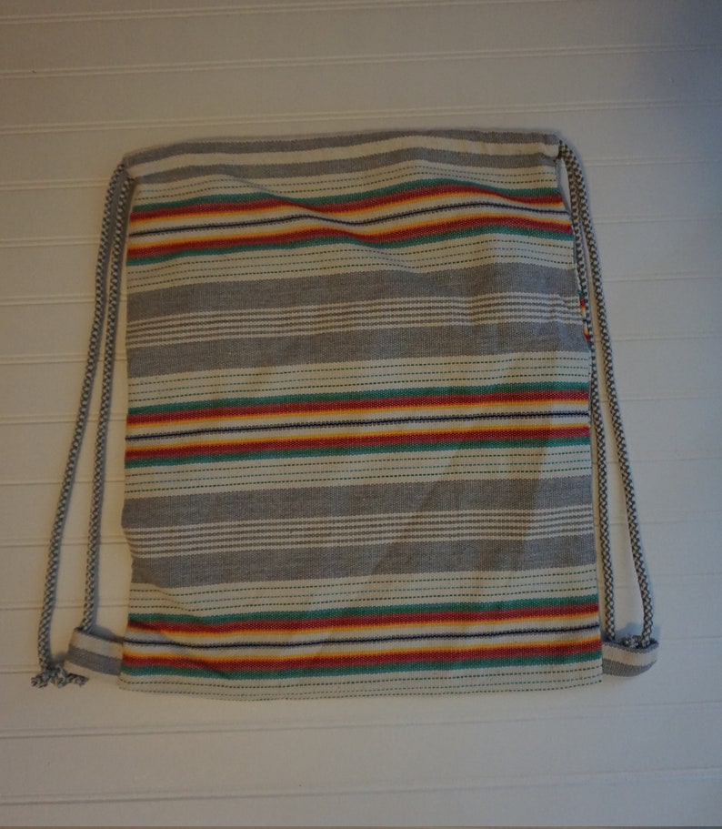 Boho Bag Big Striped Drawstring Backpack Summer Backpack Gray Green White Cinch Sack Ethnic Bag