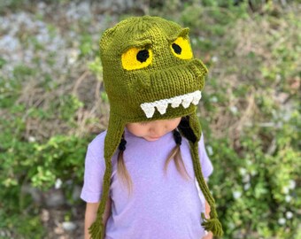 Dinosaur Beanie Hat Handwoven Wool Fleece Lined Kids Adults Stretchy Warm Winter Hat