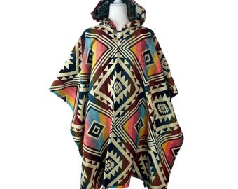 Lebendige Farben Alpaka Wolle Poncho, Warmes Unisex Kapuzen Cape, Handgefertigte Boho Festival Kleidung, Kuscheliger Winter Wrap, Handwerkliche Geschenkidee