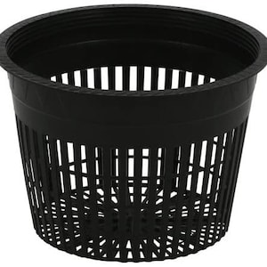 May include: A black plastic net pot with a wide rim and vertical slots for drainage. The pot is designed for hydroponic gardening and has a cylindrical shape with a perforated base.