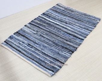 Indian Denim Chindi Rug Area Rug, Home Decor Cotton Denim Chindi Rug Bohemian Carpet Floor Decor Rag