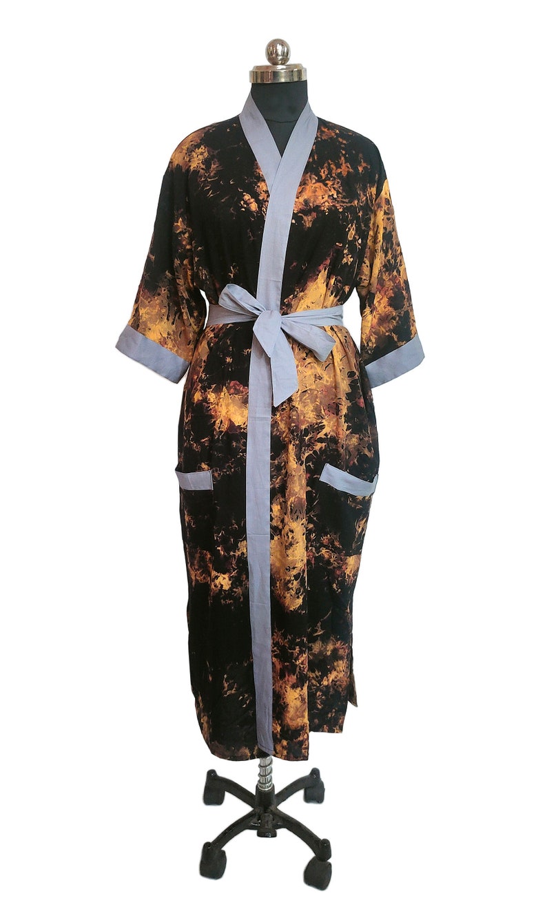 Hand Tie dye Kimono robe, black kimono, Kimono Robe, Beach Coverup, Rayon Cotton Robe, robe for unisex, loose fit, home wear, long kimono image 6