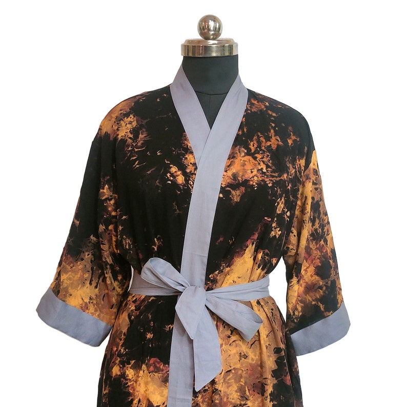 Hand Tie dye Kimono robe, black kimono, Kimono Robe, Beach Coverup, Rayon Cotton Robe, robe for unisex, loose fit, home wear, long kimono image 4