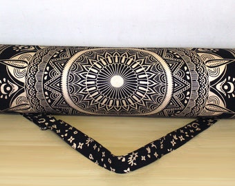 Black Gold Floral Mandala Cotton Yoga Mat Bag Indian Handmade Sports Bag Gift for Yoga Teacher With Shoulder Strap