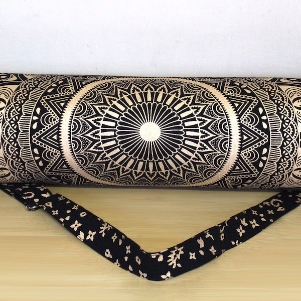 Black Gold Floral Mandala Cotton Yoga Mat Bag Indian Handmade Sports Bag Gift for Yoga Teacher With Shoulder Strap