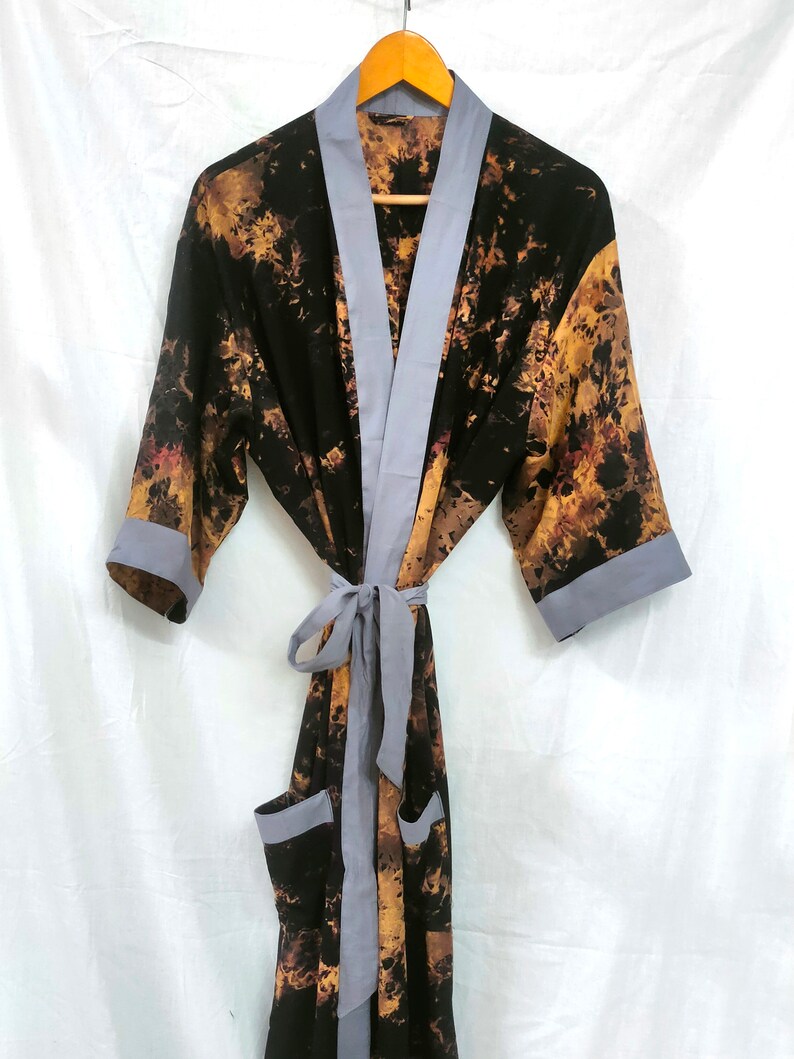 Hand Tie dye Kimono robe, black kimono, Kimono Robe, Beach Coverup, Rayon Cotton Robe, robe for unisex, loose fit, home wear, long kimono image 1