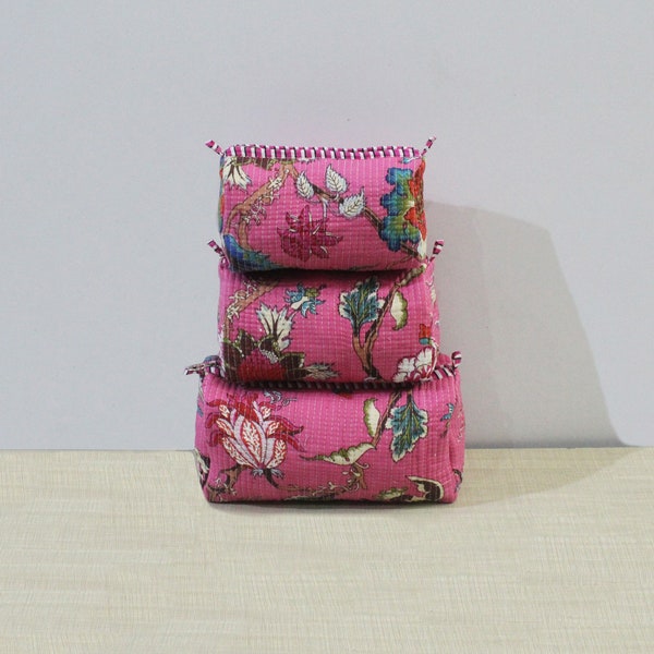 Toiletry Storage 3 Pcs Set Quilted Cotton Makeup Bag Cosmetic Toiletry Organizer Indian Cotton Printed Quilted Makeup Washbag Gift for hear