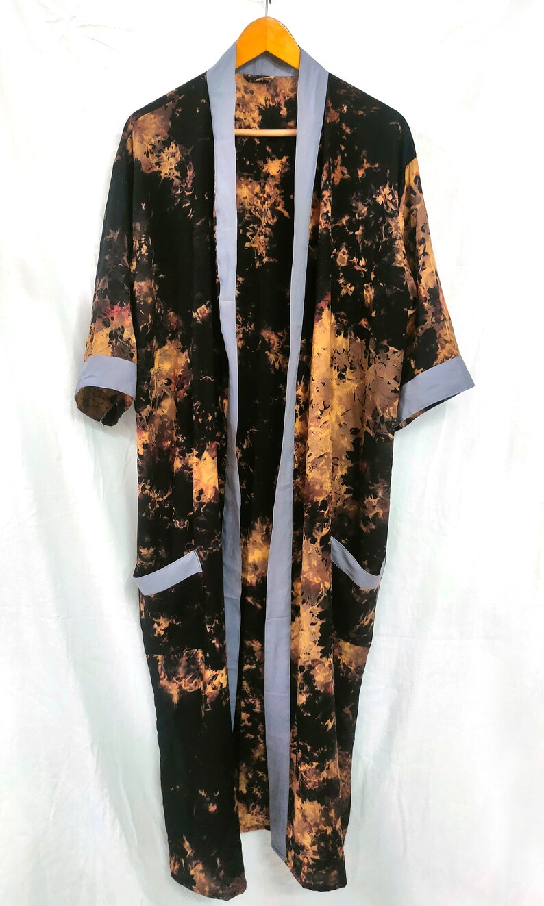 Hand Tie dye Kimono robe, black kimono, Kimono Robe, Beach Coverup, Rayon Cotton Robe, robe for unisex, loose fit, home wear, long kimono image 2