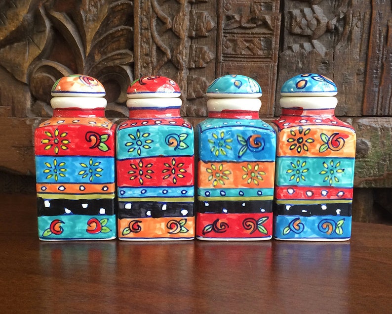 Hand Painted Ceramic Spice Jars Set of 4 Floral Pattern Fair Etsy