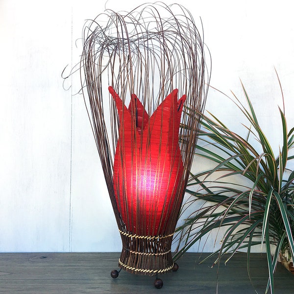 Red Bedside Table Lamp Small Tulip Shaped Hand Made & Fairly Traded from Bali | Bohemian Home Decor | Gypsy