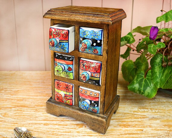 Six Drawer Ceramic Spice Chest Hand Painted Made From Mango Etsy