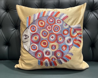 Handmade Suzani Silk Pillow Cover: Embroidered Fish Design, 18x18