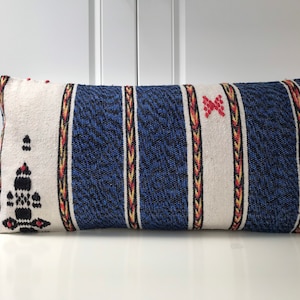 Blue Pillow,White Kilim Coshion Cover,Home Decor Pillow,Yellow Pillow,Bohemain Lumbar Pillow,White Pillow Rug,Anatolian,12x24 ınches,30x60cm