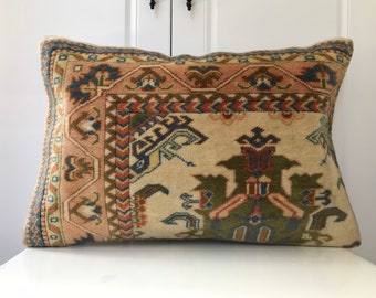 Handwoven Turkish Kilim Lumbar Pillow Cover, Bohemian Tribal Carpet Pillow (16x24in)