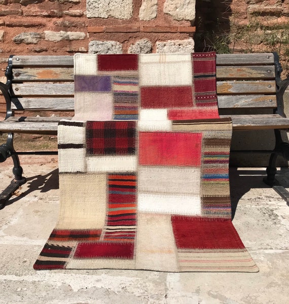 Vintage Turkish Kilim Hemp Patchwork Rug, Bohemian Colorful Rug (2