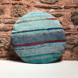 Blue Round Pillow,Circle Pillow,Special Hemp Pillow,Anatolian,Pillow, Bohemain,Tribal,Kilim Pillow,Cover,Turkısh Coshion,20x20inches 50x50cm
