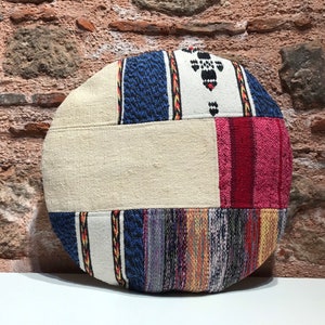 Blue Round Pillow,Circle Pillow,White Blue  Pillow,Anatolian,Pillow, Bohemain,Tribal,Kilim Pillow,Cover,Turkısh Coshion,20x20inches 50x50cm
