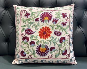 Almofadas de seda Suzani, almofada de seda verde, almofada de seda bordada à mão, almofada de seda uzbeque, almofadas decorativas de seda amarela, tamanho: 18 x 18 polegadas 45 x 45 cm