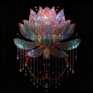 Peut inclure: Une illustration de fleur de lotus vibrante composée de nombreuses petites strass étincelantes dans des tons de rose, bleu et orange. Le motif présente des brins perlés suspendus avec des accents en forme de goutte à la base des pétales.