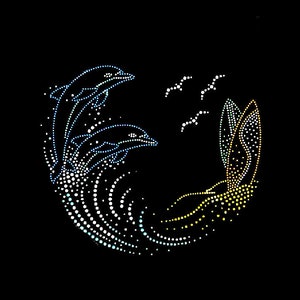 May include: A blue and white dolphin design with a yellow and white surfboard, surrounded by white dots on a black background.