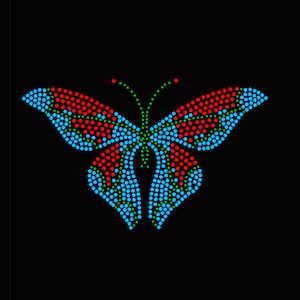 May include: A blue and red butterfly design made of small, round, colorful rhinestones. The butterfly is symmetrical and has a green outline.