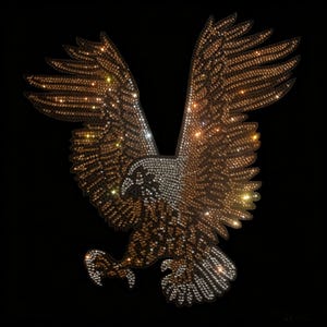 May include: A decorative eagle patch featuring a detailed design created with numerous small, reflective rhinestones. The eagle is depicted with wings spread wide, showcasing a color palette of metallic gold, bronze, and clear white crystals.