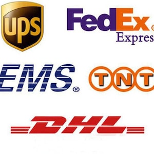 Op de afbeelding: Afbeelding met logo's van verschillende verzend- en bezorgdiensten, waaronder UPS, FedEx Express, EMS, TNT en DHL. De logo's zijn in verschillende kleuren, zoals bruin, paars, oranje, blauw en rood, tegen een witte achtergrond.