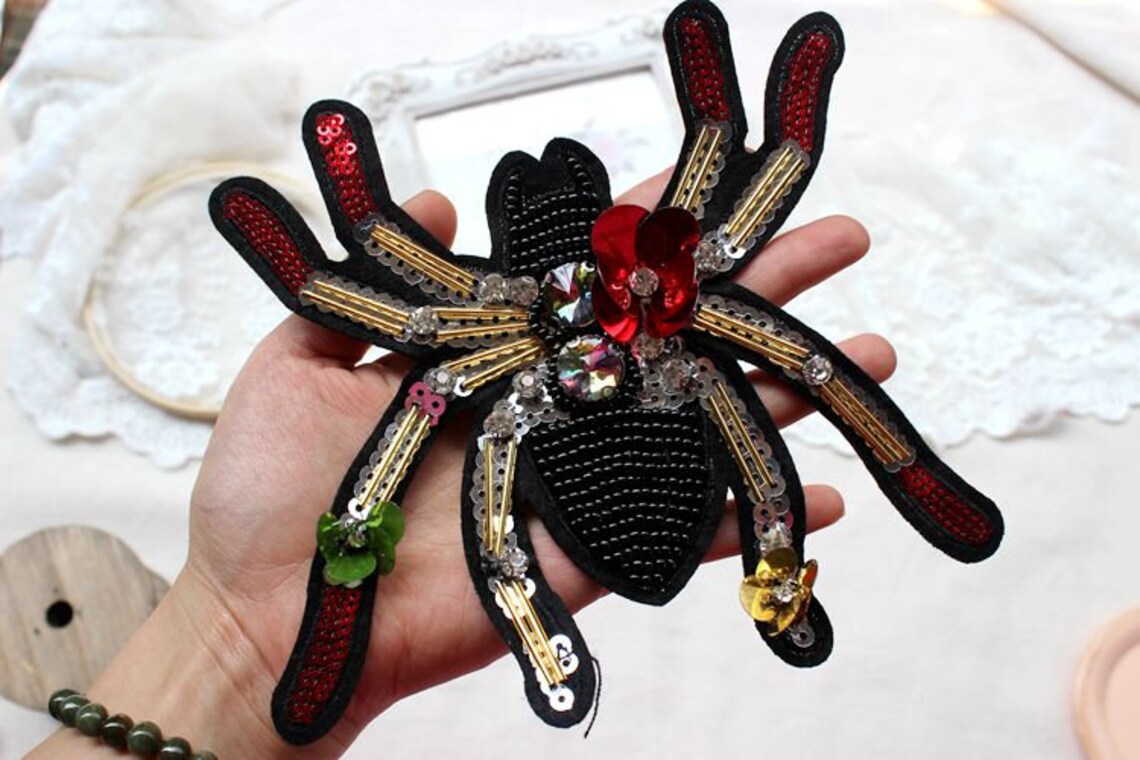 A Piece Spider Beaded Applique Rhinestone Patch Costume Etsy