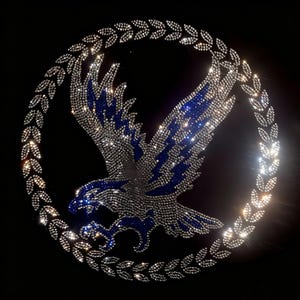 May include: A circular emblem design created with sparkling rhinestones on a black background. The design features a central eagle with wings spread, rendered in blue and clear crystals, surrounded by a circular laurel wreath of clear crystals.