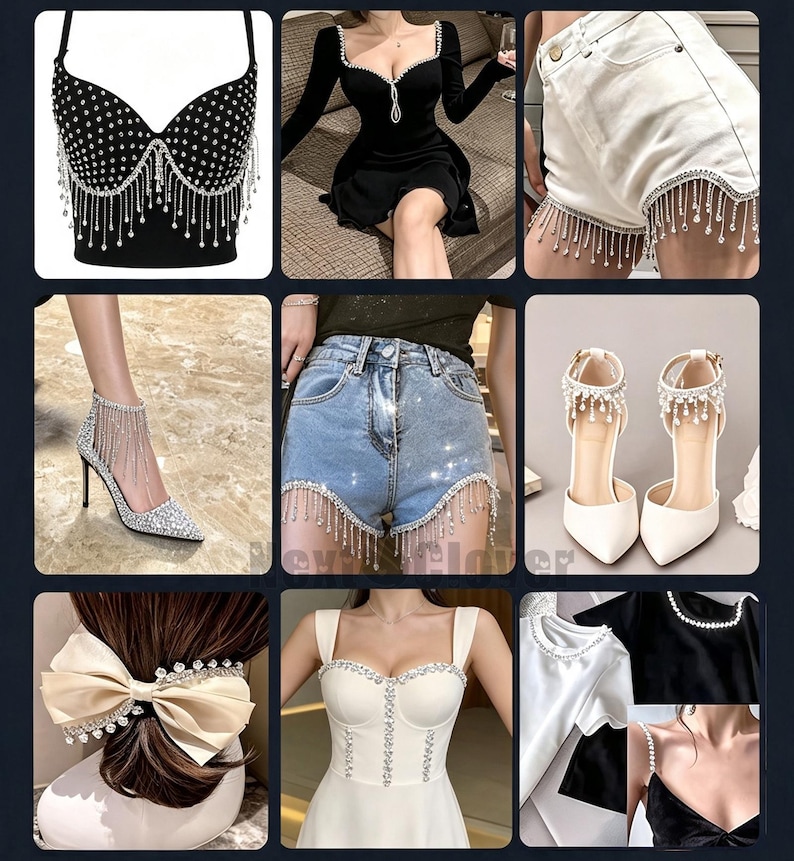 Peut inclure: Une collection de v&ecirc;tements et d'accessoires orn&eacute;s de strass, comprenant un bustier noir, une robe noire, un short en jean blanc, un short en jean bleu, des escarpins blancs, un n&oelig;ud pour cheveux, une robe blanche et des t-shirts blancs et noirs.