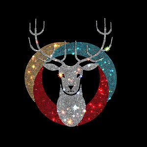 May include: A colorful, sparkly reindeer design made of rhinestones. The reindeer is surrounded by a circle of red, yellow, and blue rhinestones.