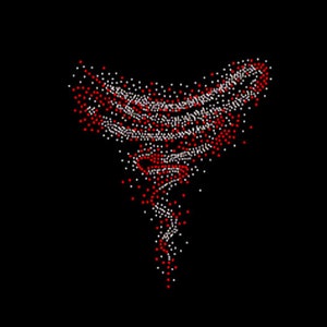 May include: A decorative transfer design featuring a swirling, tornado-like pattern composed of numerous small, individual red and white dots. The arrangement creates a dense, textured visual effect against a solid black background.