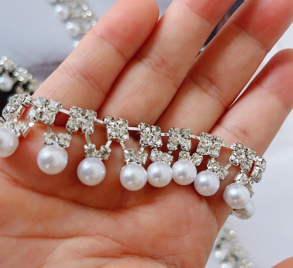 1 Yard Pearl Rhinestone Trim Clear Crystal Chain Wedding Rhinestone Fringe Rhinestone Chain Rhinestone Trim Cup Chain Applique  RH-046