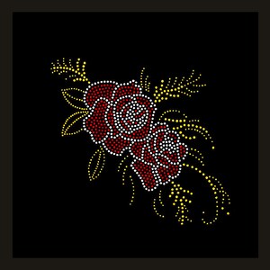 May include: A red and white rhinestone rose design with yellow rhinestone leaves on a black background.