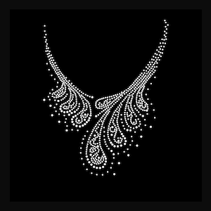 May include: A white rhinestone necklace with a delicate, intricate design featuring a series of cascading teardrop shapes.