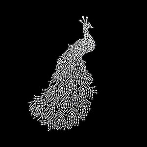 May include: A white peacock design made of small white dots on a black background.