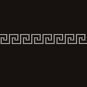May include: A horizontal row of white circular rhinestones arranged in a repeating Greek key pattern against a solid black background. The geometric design consists of interconnected square spirals forming a continuous border or decorative trim element.