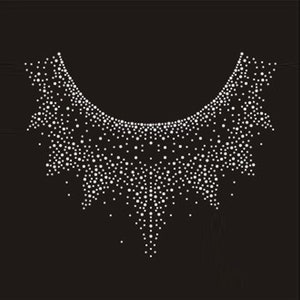 May include: A decorative collar applique featuring a dense arrangement of small white circular studs or rhinestones set against a solid black background. The design forms a scalloped, pointed shape that mimics the appearance of a necklace.