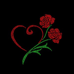 Könnte beinhalten: Eine rote Herzform mit einem grünen Stiel und zwei roten Rosen. Die Rosen bestehen aus kleinen roten Punkten und der Stiel aus kleinen grünen Punkten.