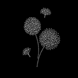 May include: A white silhouette of a dandelion flower with four blooms on a black background. The blooms are made up of small white dots.