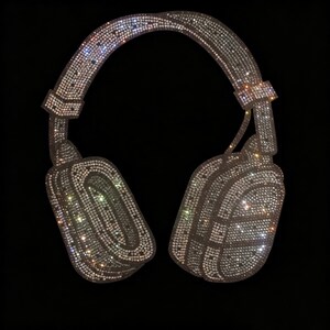 Puede incluir: Un par de auriculares de diadema completamente cubiertos de pequeños diamantes de imitación transparentes y reflectantes. Toda la superficie de la diadema y de las dos copas está incrustada con estas piedras brillantes, creando un aspecto luminoso.