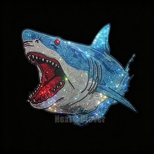 May include: A decorative patch shaped like a shark head, covered in sparkling blue, silver, and red rhinestones. The shark has an open mouth showing red interior details, a silver underbelly, and a blue dorsal fin against a black background.
