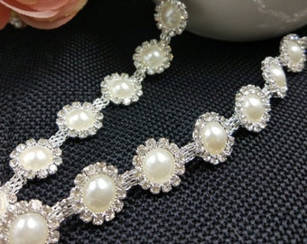 Pearl Bead Rhinestone Trim Clear Crystal Chain Wedding Rhinestone Fringe Rhinestone Chain Rhinestone Trim Cup Chain Applique  RH-092