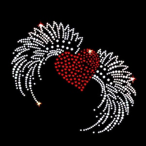 May include: A red heart surrounded by two white sparkling wings, made of rhinestones. The design is perfect for adding a touch of sparkle to any project.
